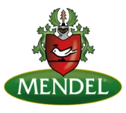 Logo Mendel con stemma araldico rosso, aquila bianca e decorazioni verdi su sfondo ovale verde
